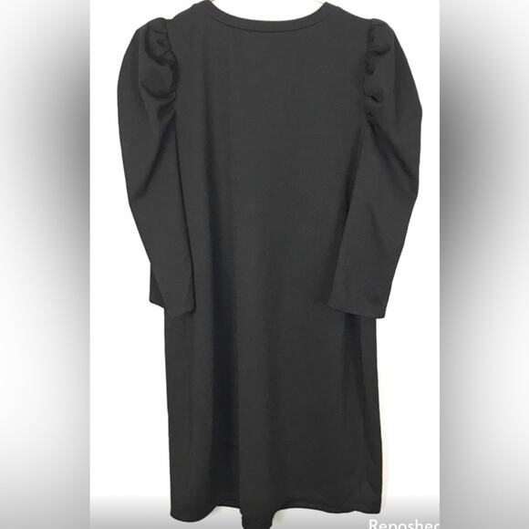Asos Puff Sleeve Shift Dress Black Half Sleeves Round Neck Knee Length Size 14 - Picture 4 of 11